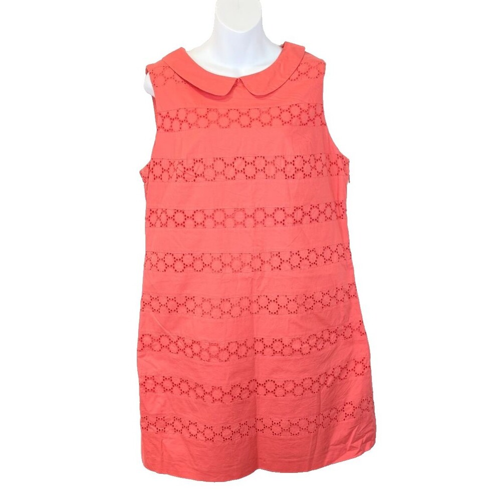 Boden US 12R Pink Cotton Eyelet Shift Dress Peter Pan Collar Salmon Pink